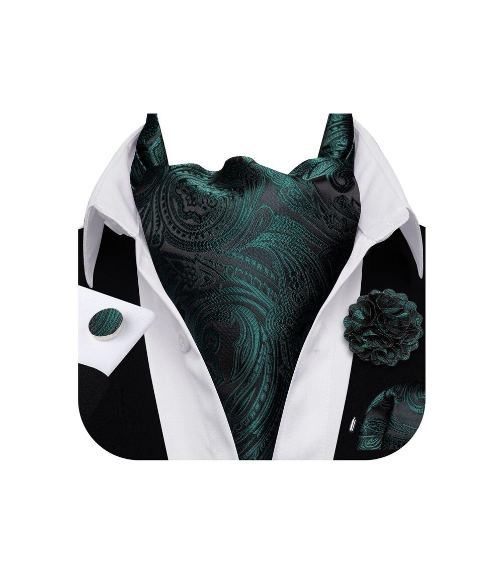 9027 Ascot Tie Cravat Set Hunter Green Paisley Scarf Neckties Pocket Square